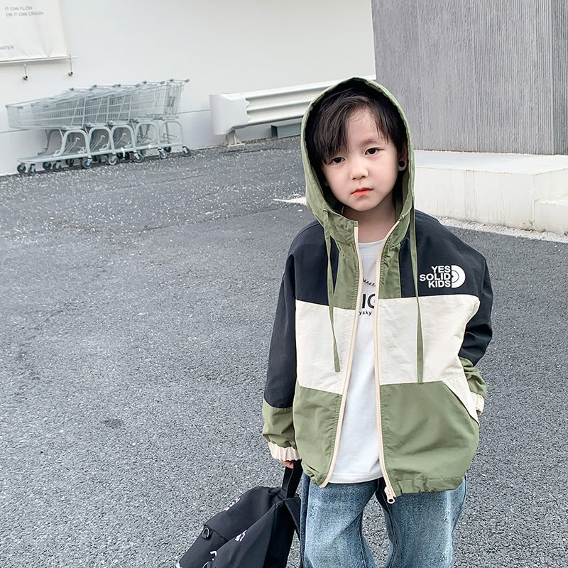 [ရှင်းလင်းရောင်းချခြင်း] Boys 2023 Autumn Color Block Letter Hooded Drawstring Jacket Baby Korean Style Handsome Jacket 