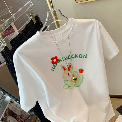 2023 Year of the Rabbit limited star with the same fun rabbit print white round neck short-sleeved loose T-shirt female early spring 