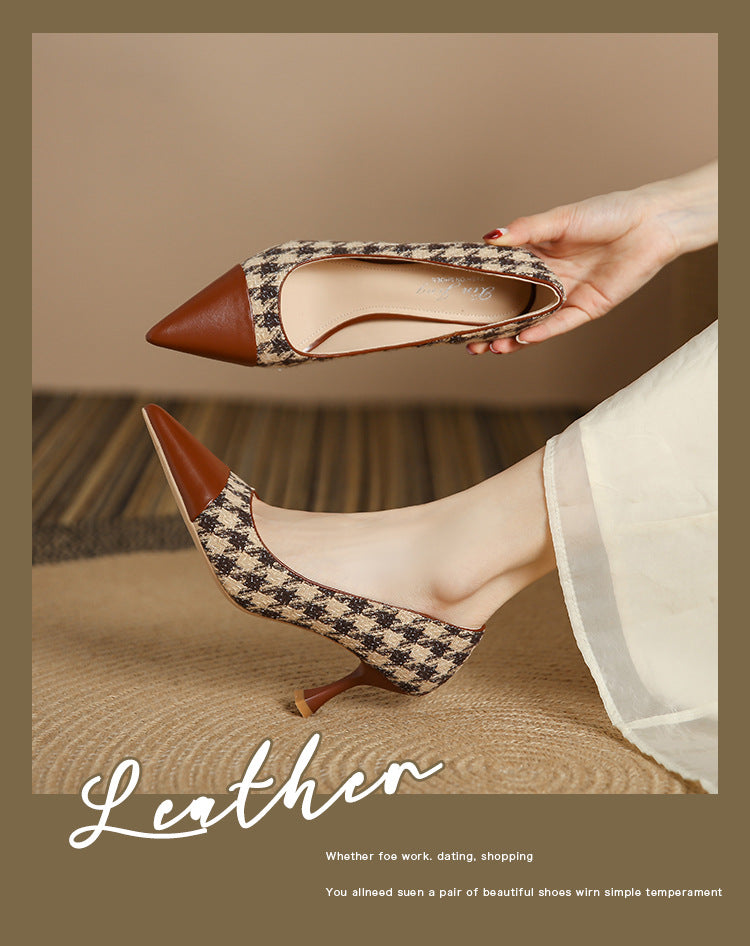 3351-13 French style small fragrant style pointed toe color matching high heels women 2023 houndstooth pointed toe shallow mouth stiletto shoes 