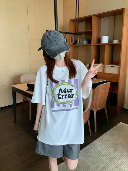 ADER2023美式复古短袖T恤夏季字母宽松圆领短袖女百搭潮牌半袖女