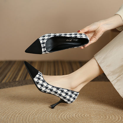 3351-13 French style small fragrant style pointed toe color matching high heels women 2023 houndstooth pointed toe shallow mouth stiletto shoes 