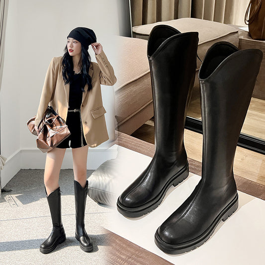 Long boots women's 2023 new thick-soled small but knee British style thick-legged knight boots spring and autumn slim boots 