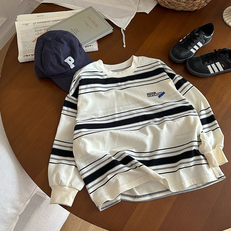 Elmo Beibei 2024 Spring Boys Letter Colour Striped Cotton Sweater ကလေးသူငယ် ကိုရီးယားစတိုင် ချောမောသော ချောင်စင်း ထိပ်တန်း 