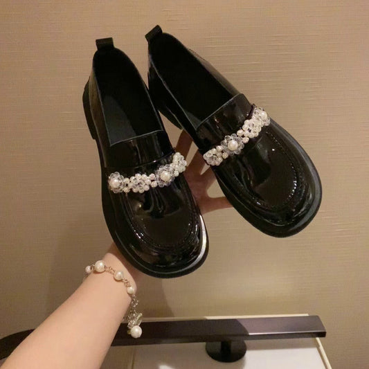 [sheii Su Yinyin] Andy's Dream ~ တကယ့် Leather Round Toe Handmade Crystal Flower Thick Heel သေးငယ်တဲ့ သားရေဖိနပ် အမျိုးသမီး Loafers 