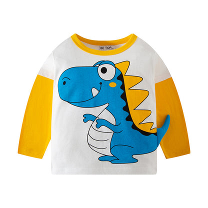 2024 new children's autumn cartoon dinosaur boy clothes pure cotton long-sleeved T-shirt baby round neck top