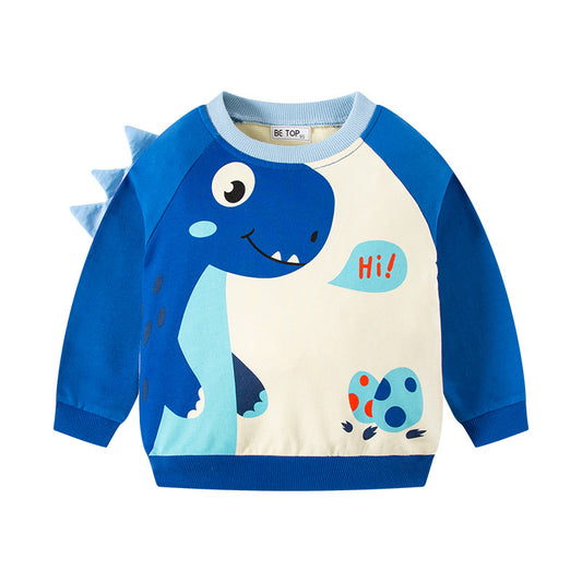 be top children's clothing 2024 spring and autumn new children's cartoon dinosaur pullover sweatshirt long sleeve contrast color round neck trend 