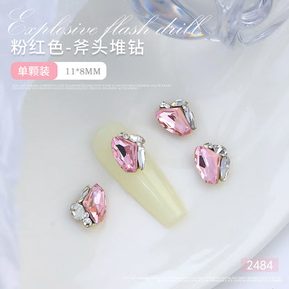 Internet celebrity popular nail art crystal pile diamond finished product super flash crooked heart rectangular handmade pearl nail decoration wholesale 