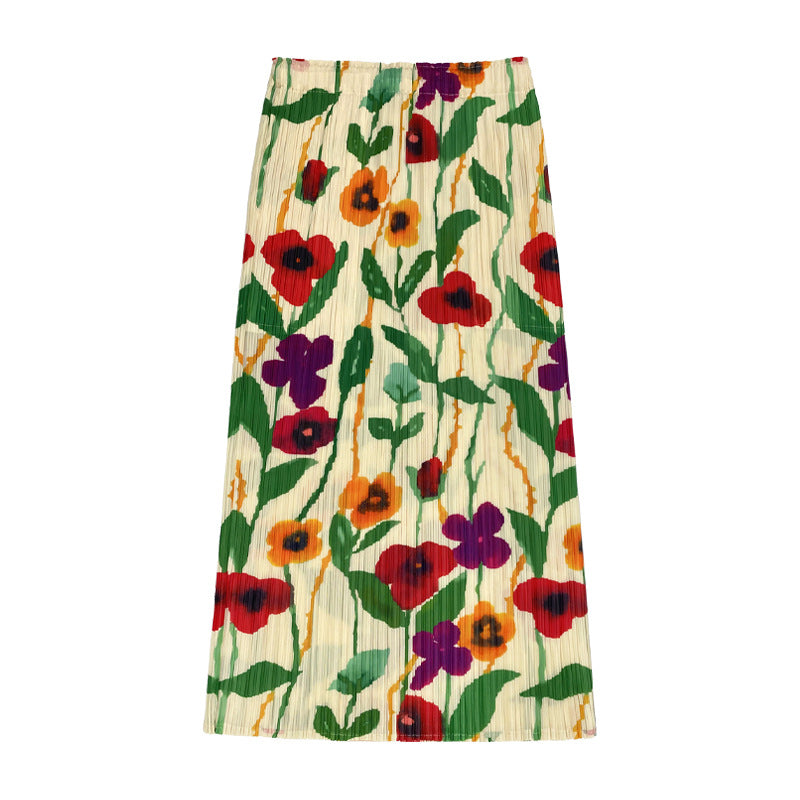 Printed skirt women's spring and summer new high waist slit A-line skirt showing thin temperament package hip flower skirt women 