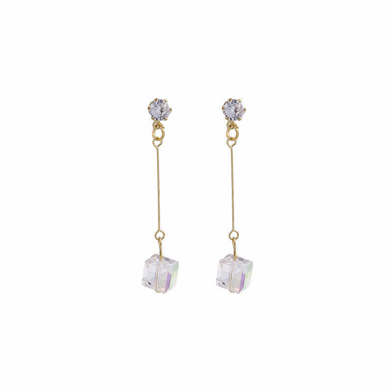 Silver needle light luxury ins style geometric square crystal bow color diamond tassel earrings super fairy temperament earrings earrings 