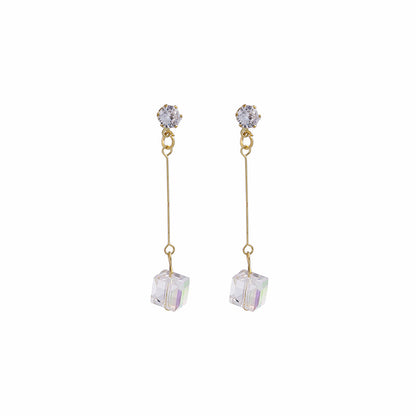 Silver needle light luxury ins style geometric square crystal bow color diamond tassel earrings super fairy temperament earrings earrings 