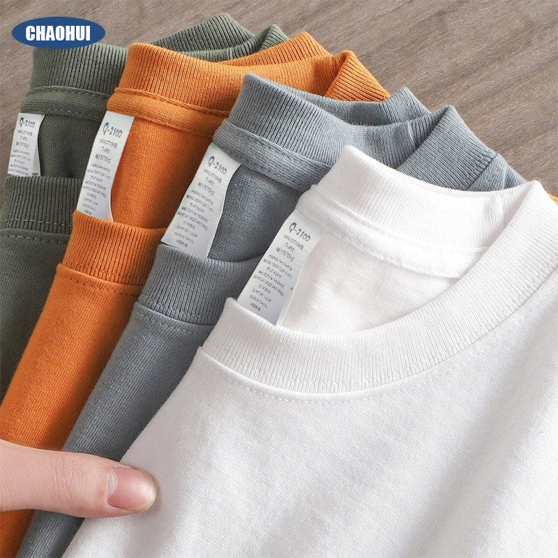 220G Heavyweight Xinjiang Combed Cotton Short Sleeve Solid Color Round Neck Men's Drop Shoulder Loose Half Sleeve Blank T-shirt 