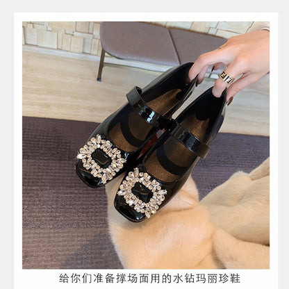 [sheii Su Yinyin] Dream Waltz ~ အနက်ရောင် စတုရန်းပုံ Rhinestone ထူထပ်သော ဖနောင့် Mary Jane တစ်ခုတည်း ဖိနပ် အမျိုးသမီး ဖိနပ်အပြား 