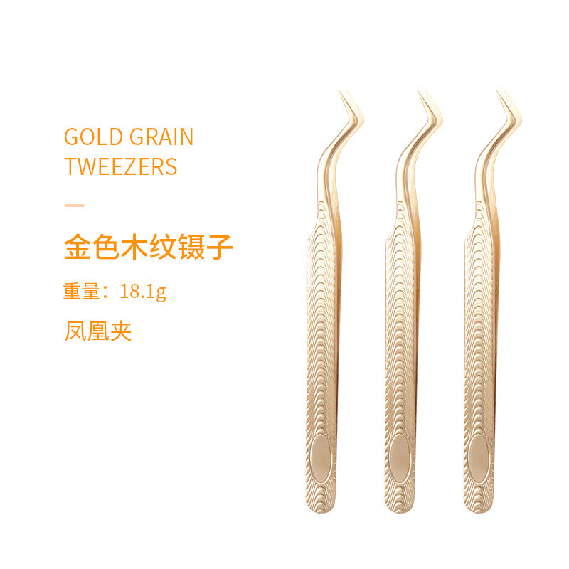 Wholesale eyelash grafting auxiliary tools stainless steel golden wood grain tweezers multifunctional flowering tweezers 