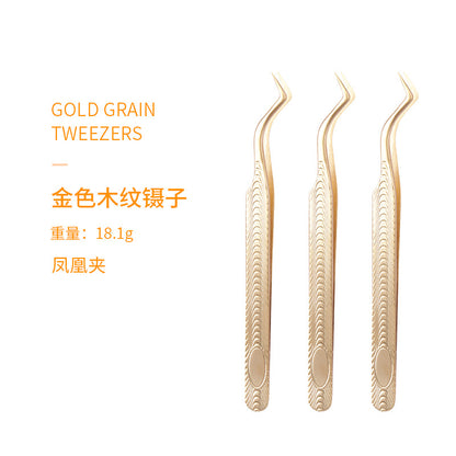 Wholesale eyelash grafting auxiliary tools stainless steel golden wood grain tweezers multifunctional flowering tweezers 