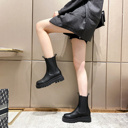 Leather Chelsea boots mid-tube boots women's boots genuine leather 2023 autumn and winter new thick-soled chimney boots British style boots for women