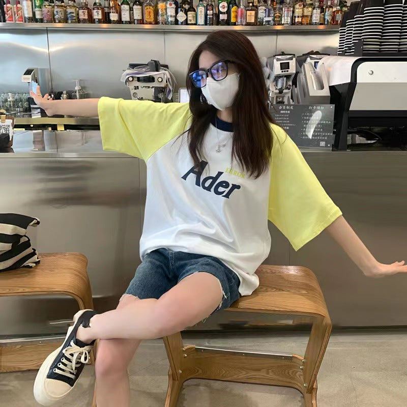 2023 ADER splicing contrast color raglan shoulder short-sleeved women's summer loose T-shirt oversize half-sleeved trendy top 