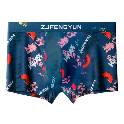 2023 Men's Underwear Ice Silk Wholesale National Fashion Style Printed Youth Boxer Ultra-thin Comfortable Shorts Men's Trend 