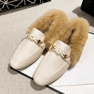 Fur shoes women's 2023 autumn and winter rabbit fur cotton shoes plus velvet small leather shoes flat bottom British slip-on trendy peas shoes 