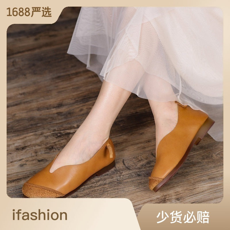 Huizumei women's single shoes 2022 spring retro genuine leather casual handmade leather stitching flat bottom shallow mouth women's shoes 