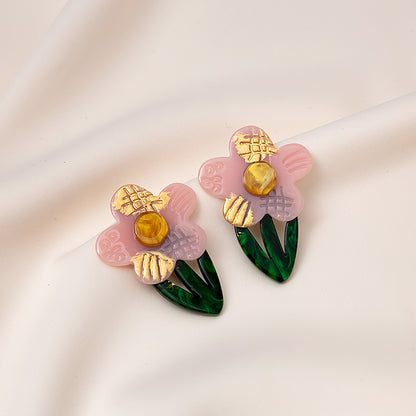 Silver Needle Creative Acrylic Earrings Interesting Contrasting Color Flowers and Leaves Oil Painting Geometric Irregular Stitching Earrings 