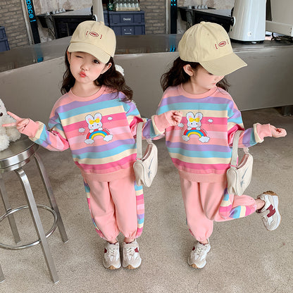 2023 Spring and Autumn New Korean Style Western Style Baby Girl Sweater Set Little Girl Sweet Fashion Casual Two-piece Set 