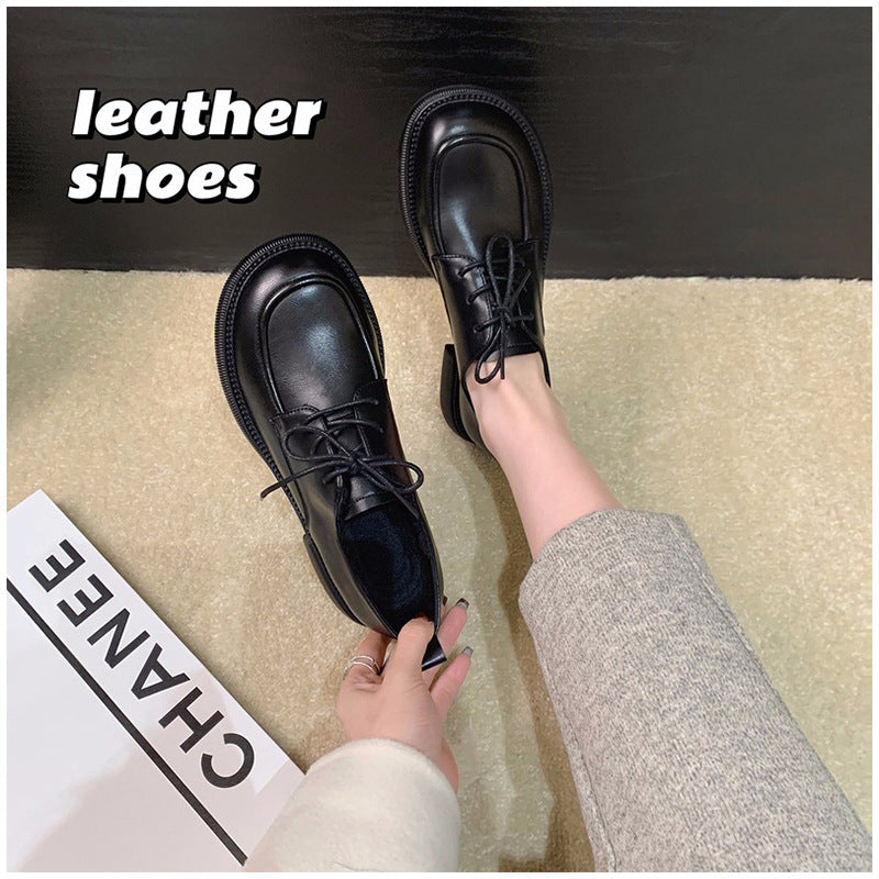 Grape Mom Studiolee Full Leather Small Leather Shoes Autumn and Winter New Round Toe Lace Up Thick Bottom Loafer Shoes Women 