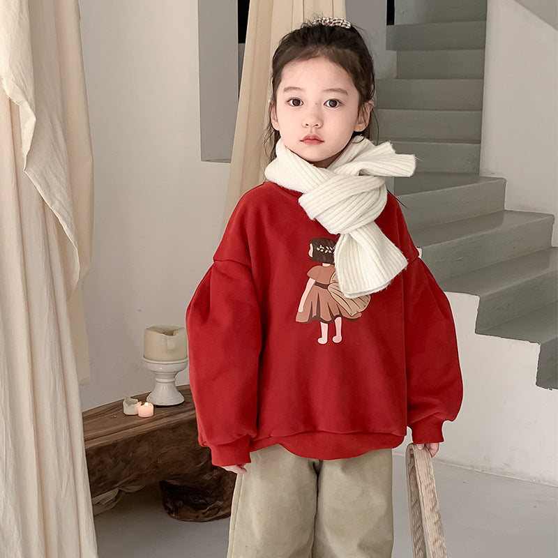 Korean children's clothing 2023 autumn and winter new styles for girls cute printed plus velvet sweatshirts children's mid-length winter coat 