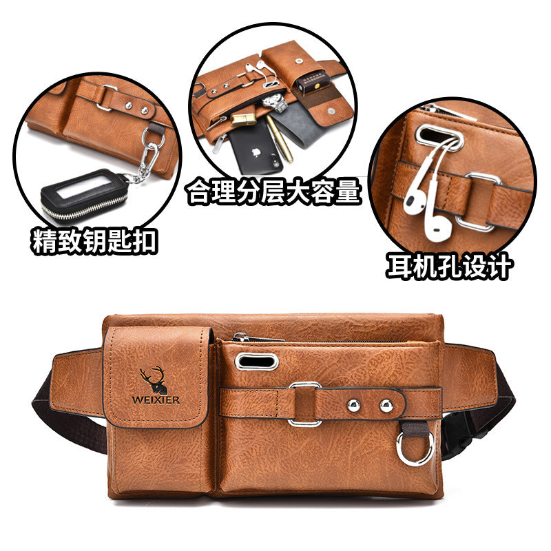 Men's single shoulder bag diagonal bag summer tactical chest bag mobile phone waist bag multi-functional chest bag retro pu waist bag 