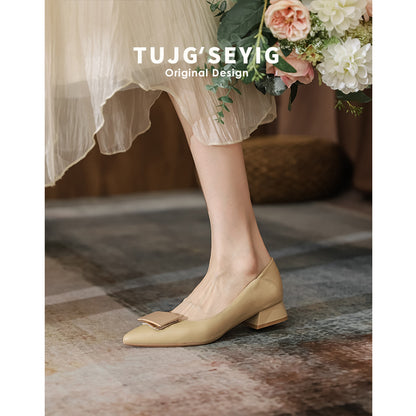 Pointed-toe high-heeled shoes women's summer style thick medium heel 2023 new shallow mouth temperament French single shoes not tired feet women's shoes 