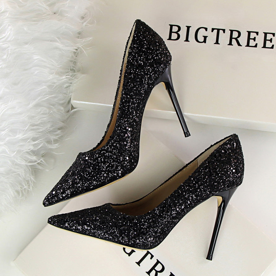 9219-1 European and American style women's shoes, high heels, shallow mouth, pointed toe, sparkling sequins, sexy slimming nightclub high heels single shoes 