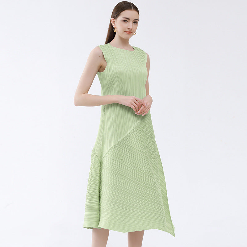 2023 summer Miyake air sense loose pleated sleeveless dress women's mid-length simple splicing irregular skirt 