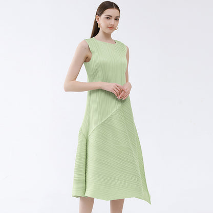 2023 summer Miyake air sense loose pleated sleeveless dress women's mid-length simple splicing irregular skirt 