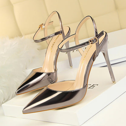 86-1 European and American style simple stiletto heel super high heel shallow mouth pointed toe patent leather sexy nightclub slimming strappy women's sandals 