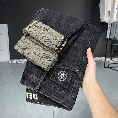 Full-bottom printed high-end elastic jeans men's embroidery quality small straight hot-selling men's long trousers youth trend 