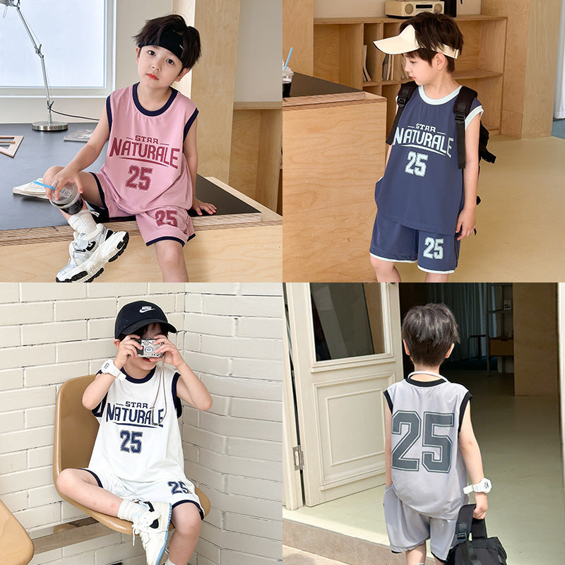 Elmo Beibei 2024 Summer Boys Contrast Letter Sports Two-piece Set Baby Mesh Breathable Basketball Vest Set 