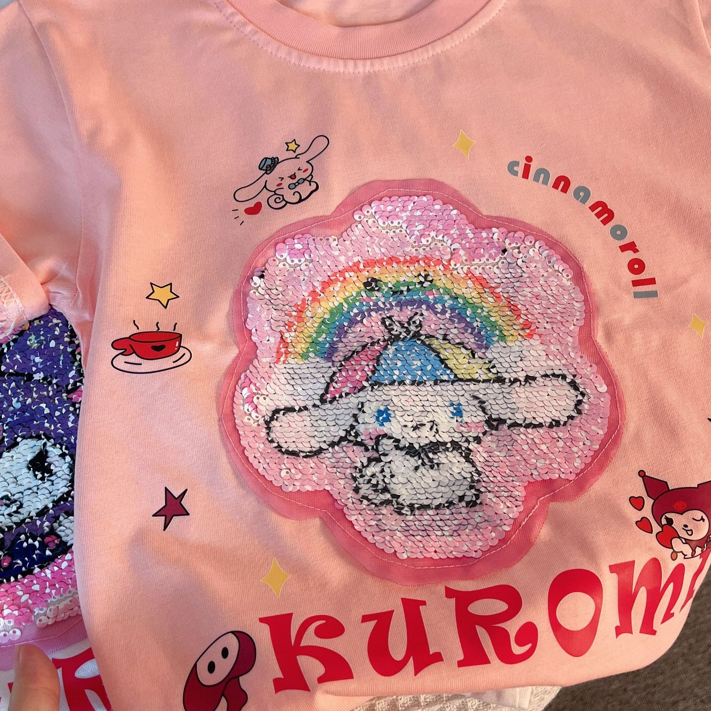 2023 Girls Summer Short-Sleeved Cute Cartoon Sequined Beaded Round Neck Fashionable Personalized Versatile Trendy Tops for Middle and Large Children 