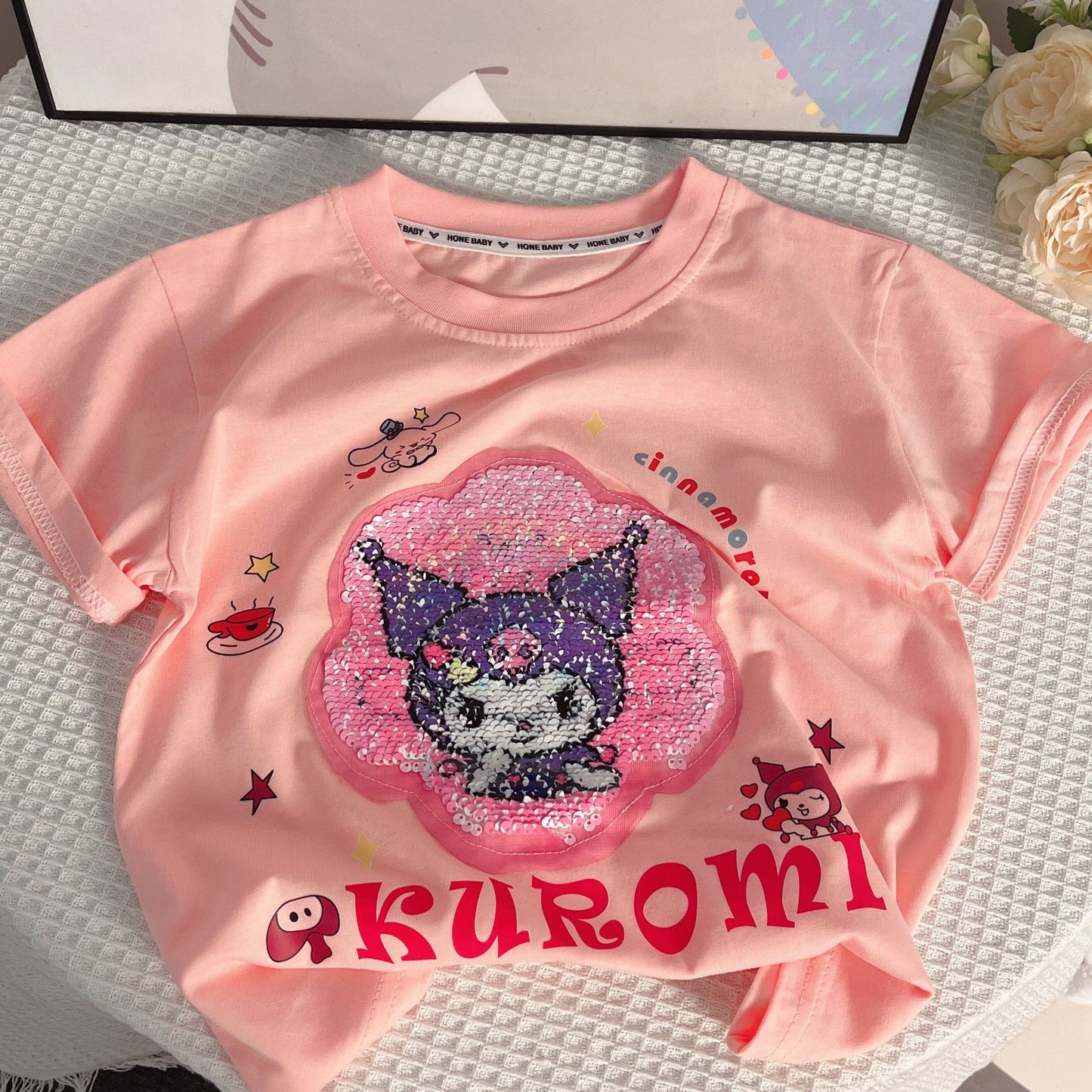 2023 Girls Summer Short-Sleeved Cute Cartoon Sequined Beaded Round Neck Fashionable Personalized Versatile Trendy Tops for Middle and Large Children 