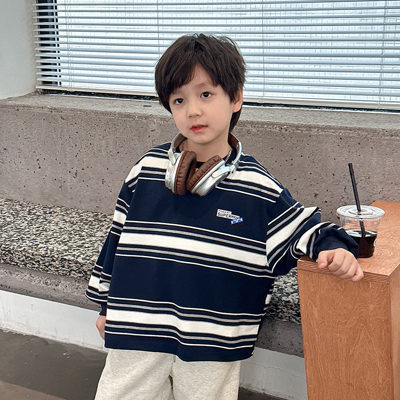 Elmo Beibei 2024 Spring Boys Letter Colour Striped Cotton Sweater ကလေးသူငယ် ကိုရီးယားစတိုင် ချောမောသော ချောင်စင်း ထိပ်တန်း 