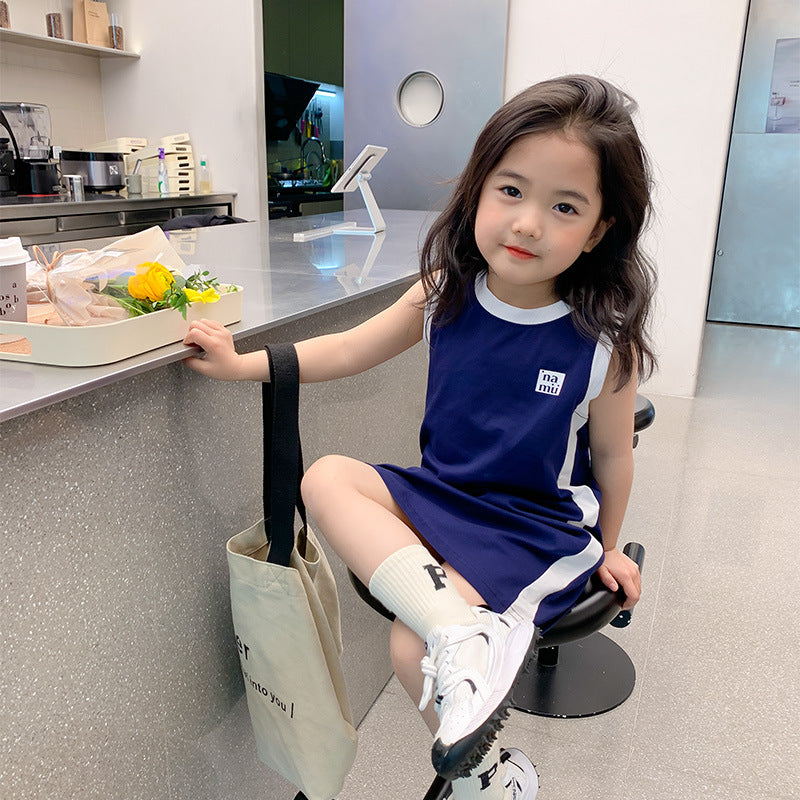 Korean children's clothing 2024 summer girls sleeveless vest dress small and medium children's long color matching sports style skirt 