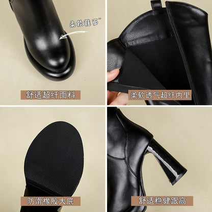 2023 new high boots women's elastic boots high leather boots autumn and winter plus velvet warm pointed fashion chunky heel over the knee boots 