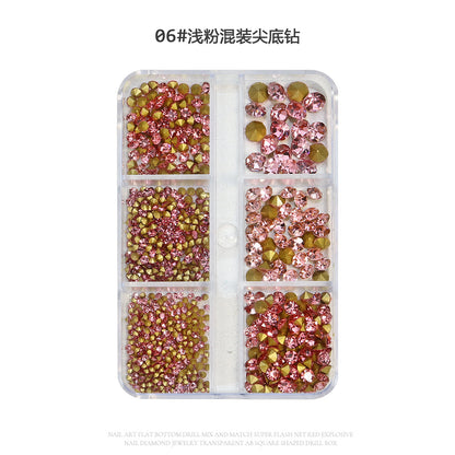 Internet celebrity new manicure pile diamond 6 grid boxed white pink pointed bottom diamond glass rhinestone nail jewelry wholesale 