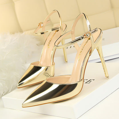 86-1 European and American style simple stiletto heel super high heel shallow mouth pointed toe patent leather sexy nightclub slimming strappy women's sandals 