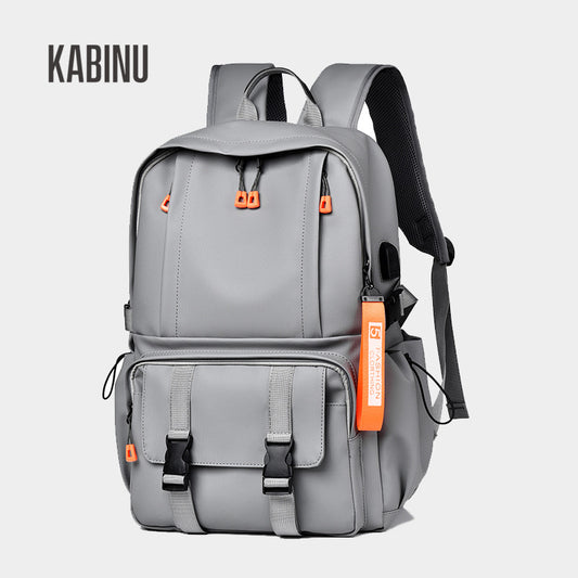 Kabinu casual backpack leather film waterproof outdoor middle school student bag solid color business computer backpack 