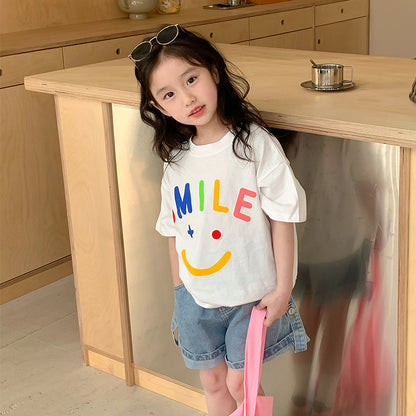 Korean children's clothing 2024 spring and summer new children's short-sleeved boys and girls pure cotton cartoon smiley face T-shirts stylish bottoming shirts 