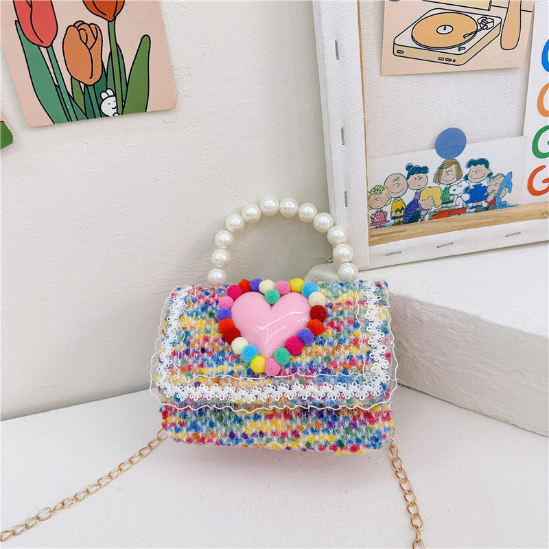 New Children's Small Square Bag Cartoon Cute Fragrant Style Shoulder Bag Fashion Love Jewelry Chain Crossbody Bag လက်ကား 