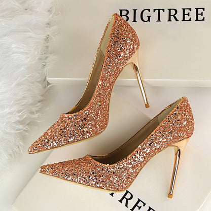 9219-1 European and American style women's shoes, high heels, shallow mouth, pointed toe, sparkling sequins, sexy slimming nightclub high heels single shoes 