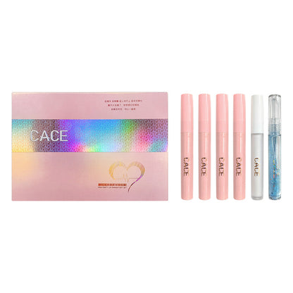 CACE Pink Party Lip Makeup Set 6 Pack Transparent Lip Gloss Matte Lip Mud Moisturizing Lip Milk Free Necklace 