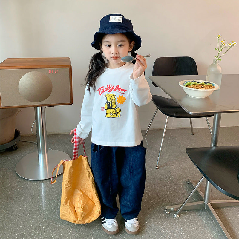 Korean children's clothing 2023 autumn new boys and girls Korean version cute bear long-sleeved T-shirt versatile cotton bottoming shirt 