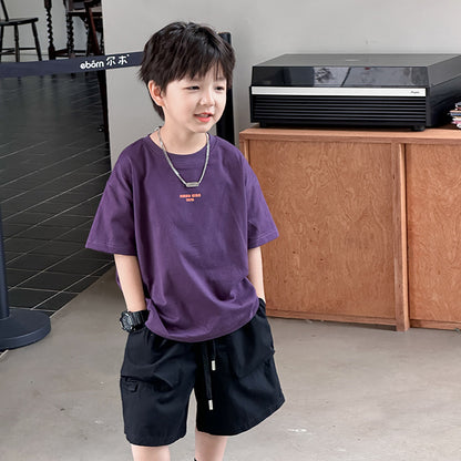 Elmo Beibei ကလေးများ၏ 2024 နွေရာသီပုံစံ Loose Spliced ​​Letter T-Shirt Boys' Handsome Cool Label ထိပ်တန်း 