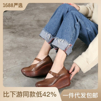 Manufacturers 2023 spring, autumn and summer new leather thick-soled wedge shoes retro heightened platform shoes women's shoes wholesale 